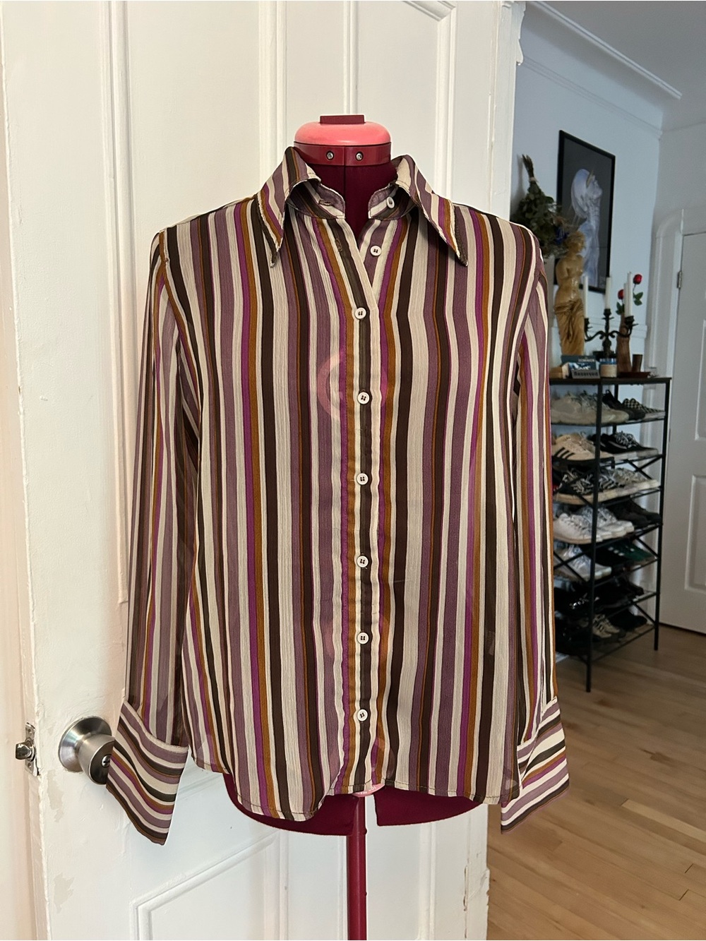 Women’s Chiffon Striped Button-Down Shirt in Brown & Purple